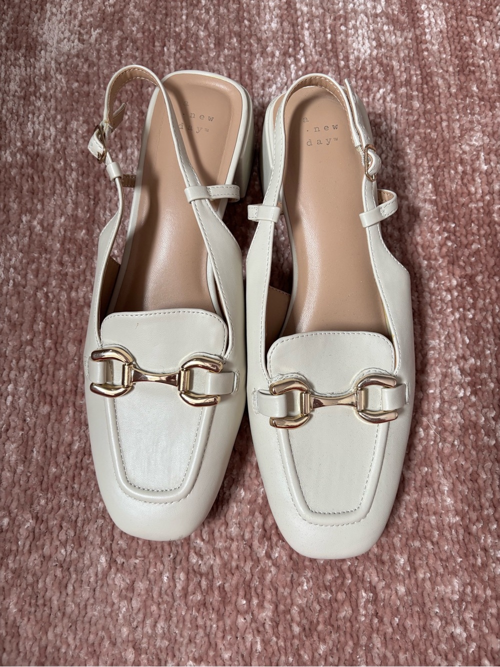 a new day Cream Leather Slingback Loafers with Gold Buckle